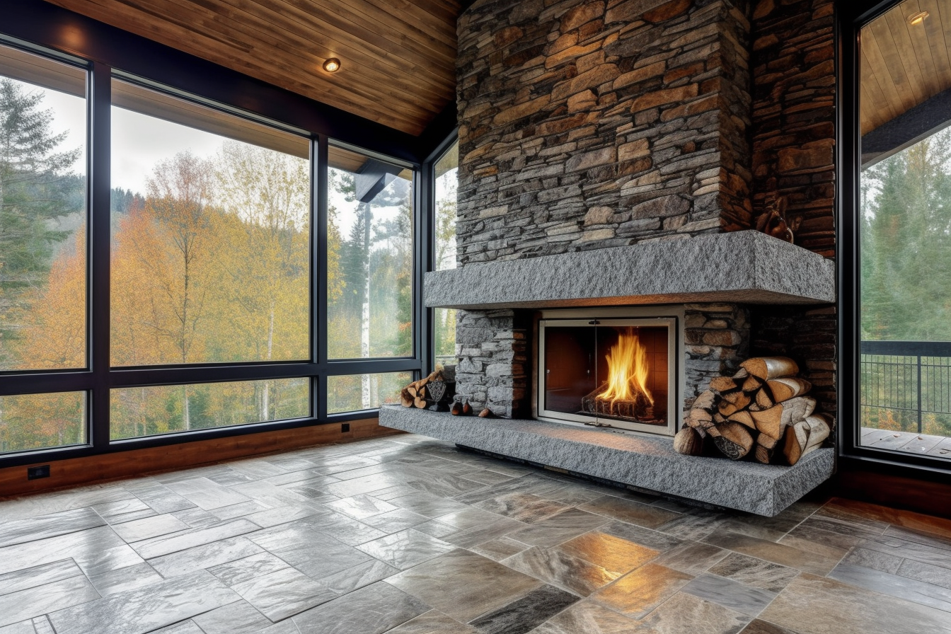 home interior with natural stone fireplace and ceramic stone-inspired flooring