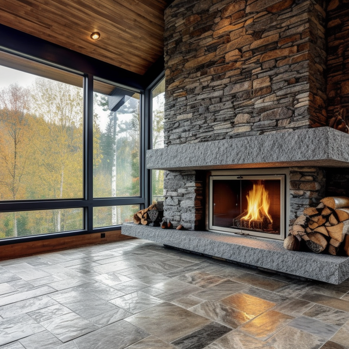 home interior with natural stone fireplace and ceramic stone-inspired flooring
