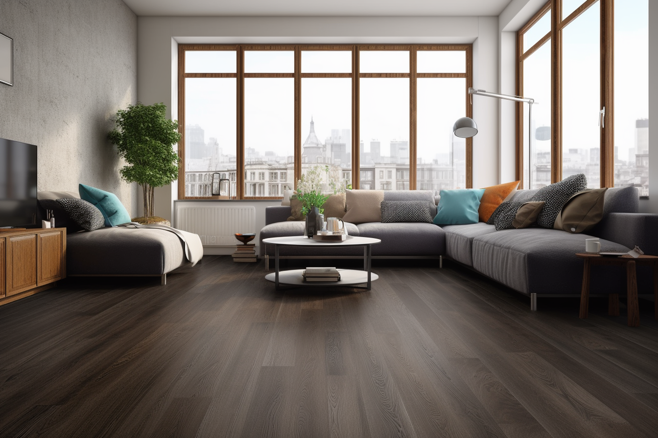 dark brown luxury vinyl flooring in modern home living room with couches