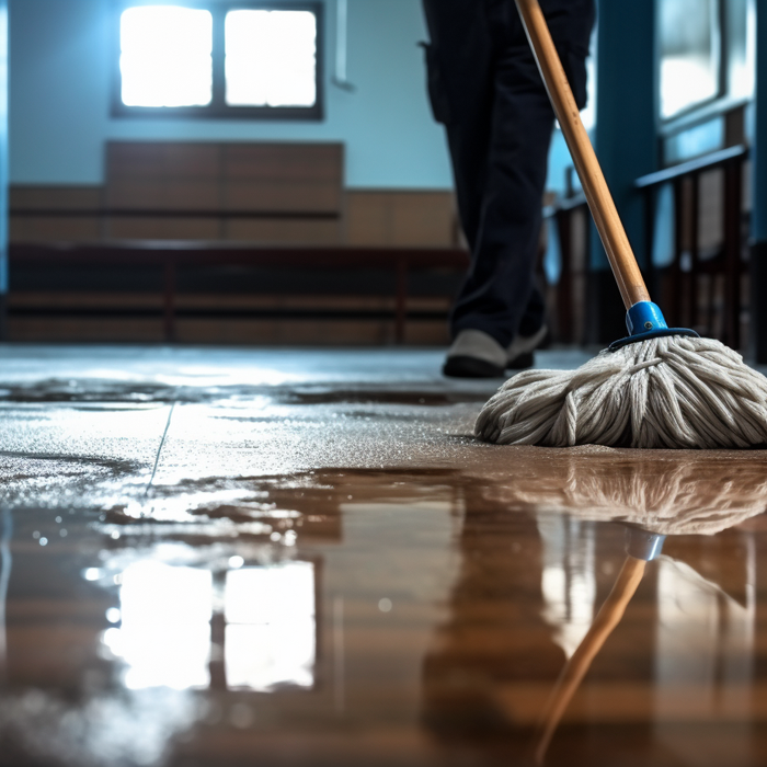 Person cleaning and maintaining wood-look floors with mop