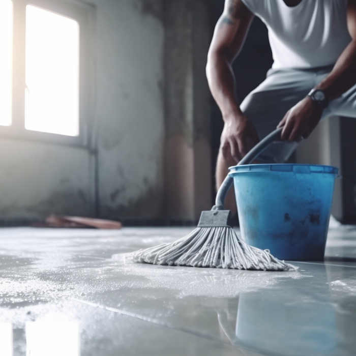 Man Cleaning Cement Floors with Small Mop